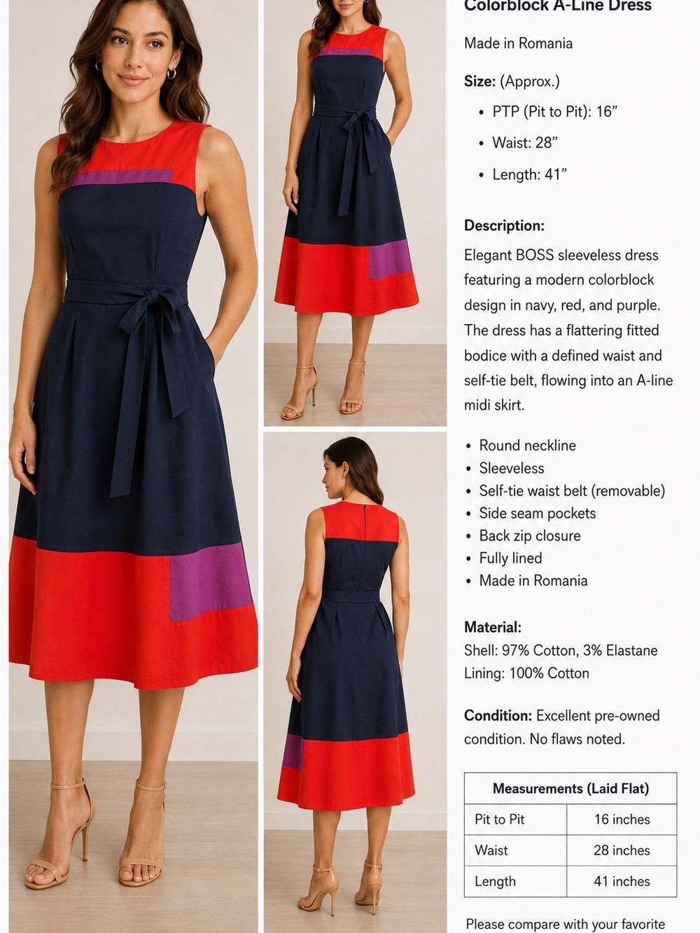 BOSS Navy Dress with Red & Purple Colorblock Panels